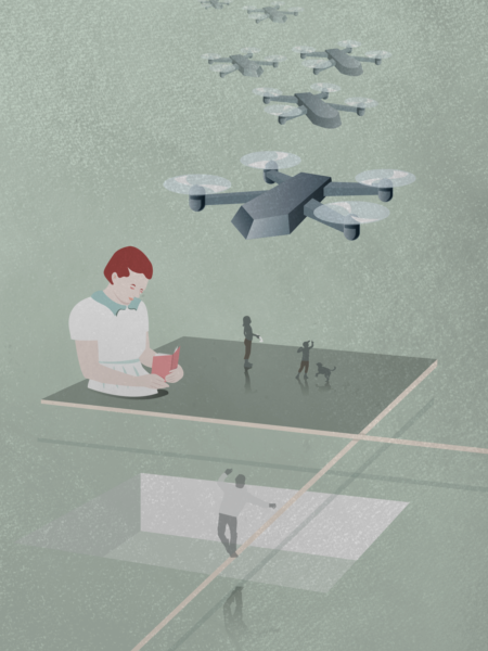 Illustratie met grote drones en man die boek leest Vlaams Vredesinstituut