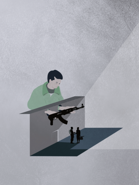 Illustratie met man die AK-47 aangeeft voor Vlaams Vredesinstituut